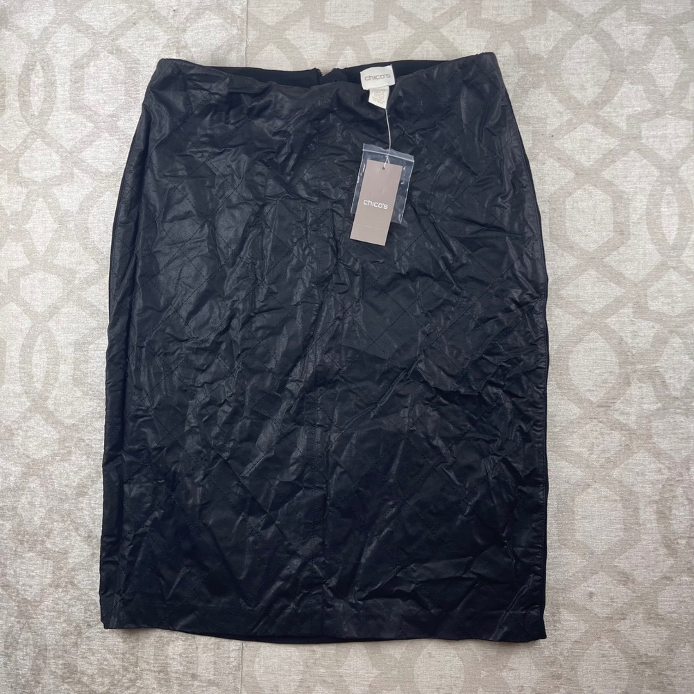 Chico's Faux Leather Quilted Skirt Women 0.5 Black NWT Pencil Stretch Back $99